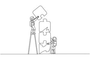 Continuous one line drawing two astronauts putting together a puzzle. One of the two climbs up the ladder to stack the puzzle by four. Great space teamwork. Single line draw design vector illustration