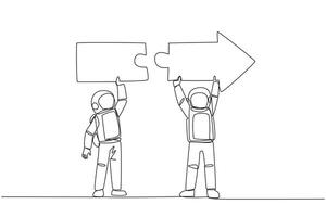 Continuous one line drawing two astronauts doing teamwork to carrying directional arrow puzzle. Metaphor equate ideas. Deep space astronaut concept. Cosmic. Single line draw design vector illustration