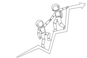 Single continuous line drawing astronaut pulls arm of another astronaut that fell from graphic arrow. Team work to strengthen each other. Cosmic galaxy deep space. One line design vector illustration