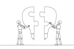 Single one line drawing two robots holding up two lightbulb-shaped puzzle pieces. Metaphors elevate and unite brilliant ideas. Teamwork between robots. Continuous line design graphic illustration vector