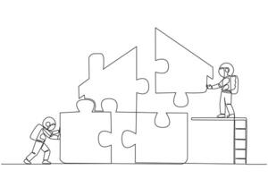 Continuous one line drawing two astronauts put together square puzzle in the shape of house. Teamwork and ladders make putting together puzzles even easier. Single line draw design vector illustration