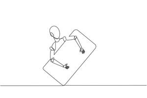 continuo uno línea dibujo robótico abrazando teléfono de mano. adicional un robótico sistema entonces ese teléfono de mano no puedo ser rastreado futuro tecnología desarrollo. ai tecnología soltero línea dibujar diseño vector ilustración