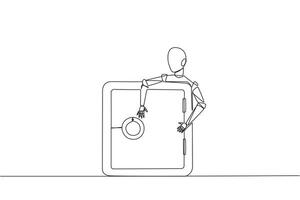 Single one line drawing robotic hugging safe deposit box. Adding layer to make it more secure. Encrypt data. Future technology development concept. AI tech. Continuous line design graphic illustration vector