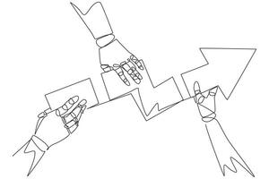 Single one line drawing three robotic hands each holding a directional arrowhead. Do teamwork so that the pieces become whole. Artificial intelligence. Continuous line design graphic illustration vector