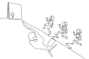 Continuous one line drawing 3 astronauts running on giant astronaut hand whose finger is pointing at round target board. Focused teamwork towards up arrow. Single line draw design vector illustration