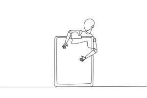 Continuous one line drawing robotic hugging clipboard. Provide assistance to double check work. Artificial intelligence technology development. Electrical. Single line draw design vector illustration