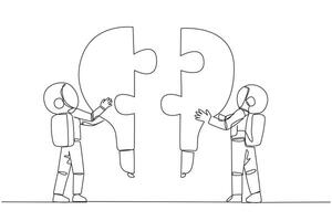 Single continuous line drawing two astronauts holding up two lightbulb-shaped puzzle pieces. Metaphors elevate and unite brilliant ideas. Deep space teamwork. One line design vector illustration