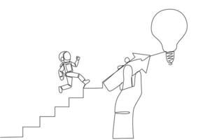 Single continuous line drawing astronaut climbs ladder, one of the steps in the shape of an arrow held in a large hand. Great teamwork reaching for lightbulb. One line design vector illustration