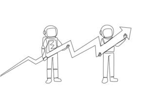 Single one line drawing two astronauts holding a medium-sized arrow graphic whose ends have increased. Spaceman teamwork. Cosmic galaxy deep space. Cosmic. Continuous line design graphic illustration vector