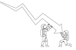 Continuous one line drawing two astronauts holding large arrow charts swooping down. One of them holding the end. Team work so the arrow can go back up. Single line draw design vector illustration