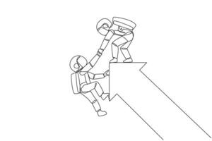 Single one line drawing astronaut pulled the arm of another astronaut that almost fell from the big arrow. Team work to help colleagues. Galaxy deep space. Continuous line design graphic illustration vector