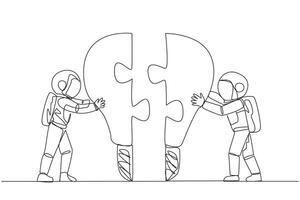 Single continuous line drawing two astronauts pushing two lightbulb-shaped puzzle pieces. Metaphor brings together two ideas. Teamwork of two astronauts. Cosmonaut. One line design vector illustration