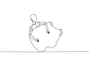 Single continuous line drawing robot hugging piggy bank. Securing future piggy banks from breaking. Safety robots. Future technology development concept. AI tech. One line design vector illustration