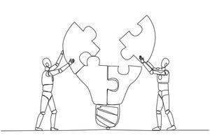 Single continuous line drawing two robots work in teams to complete a lightbulb-top puzzle. Working together to produce brilliant ideas. Teamwork future robots. One line design vector illustration