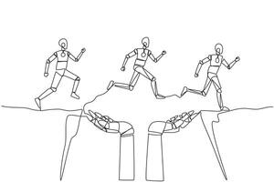 Single continuous line drawing three robots running through a cliff that has hole in the middle but is supported by large robot hand. Do teamwork towards better direction. One line vector illustration