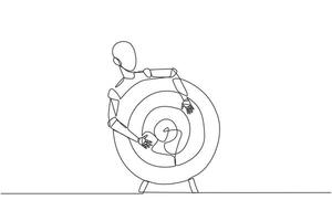 Single one line drawing robot hugging arrow board target. Sharpen the robot's artificial intelligence to be able to focus on capturing moving objects. Continuous line design graphic illustration vector