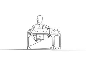 Single continuous line drawing robotic hugging treasure chest. Scans were carried out to determine how antique the objects were inside. Future technology concept. One line design vector illustration