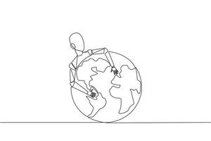 Continuous one line drawing robot hugging globe. Robots rule the world. Everything is technology. Artificial intelligence. Future technology development. Single line draw design vector illustration