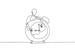 continuo uno línea dibujo robótico abrazando alarma reloj. configurando alarma reloj tecnología a robótico artificial inteligencia. futuro tecnología concepto. soltero línea dibujar diseño vector ilustración