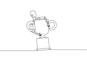 Single one line drawing robotic hugging trophy. The winner of soft engineering is an intelligent robot. Technology artificial intelligence. Future tech. Continuous line design graphic illustration vector