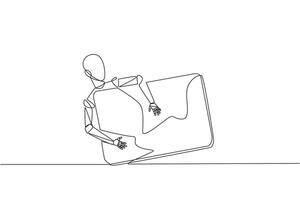 Single continuous line drawing robotic hugging laptop computer. Rransferring data from laptop to the robot's artificial brain. Artificial intelligence technology. One line design vector illustration