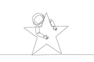 Continuous one line drawing young energetic astronaut hugging huge star. Received a star award after making several expeditions to the surface of the moon. Single line draw design vector illustration