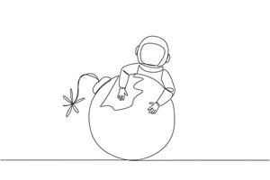 Single one line drawing young energetic astronaut hugging large bomb with a burning fuse. Trying to defuse the bomb. Avoid the space expedition from danger. Continuous line design graphic illustration vector