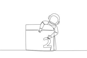 Single continuous line drawing astronaut hugging desk calendar and giving code to the number two. Having meaning would be his second expedition. Galaxy outer space. One line design vector illustration