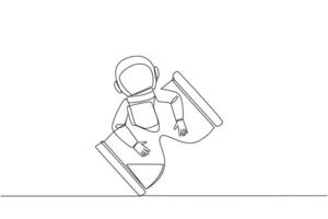 Continuous one line drawing young astronaut hugging hourglass. The exact countdown, the additional crew who want to land on the lunar surface have arrived. Single line draw design vector illustration