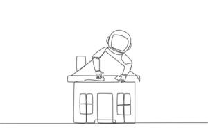Continuous one line drawing young energetic hugging miniature house. Astronauts want to go home when the mission is over. Miss homeland. Cosmonaut. Cosmic. Single line draw design vector illustration