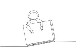 Continuous one line drawing young astronaut hugging laptop. Prepare to transmit data needed by team on earth. Processing of water discovery data on moon. Single line draw design vector illustration