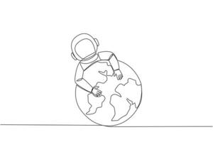 Continuous one line drawing young energetic astronaut hugging globe. Homesick metaphor. Space man cosmic galaxy concept. Cosmonaut outer space. Galactic. Single line draw design vector illustration