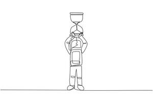 Single continuous line drawing young energetic astronaut lift up big hourglass above head. A tool used to countdown departures into outer space. Cosmic deep space. One line design vector illustration