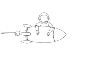 Single one line drawing young energetic astronaut hugging flying rocket. Make a landing on earth after a successful expedition. Cosmic galaxy deep space. Continuous line design graphic illustration vector