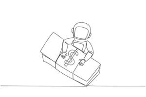 Continuous one line drawing astronaut hugging pile of banknotes. Got donations from parties who support the implementation of the expedition. Spaceflight. Single line draw design vector illustration