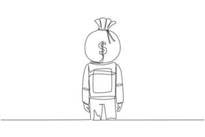 Single one line drawing young astronaut with money bag instead of head, stand facing forward. Thinking about the advantages of joining the space industry. Continuous line design graphic illustration vector