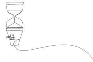 Continuous one line drawing young energetic astronaut using monocular, flying with hot air balloon hourglass. Highlight to the spaceship. Cosmic deep space. Single line draw design vector illustration