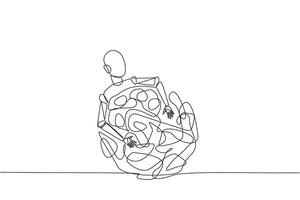 Single one line drawing robot hugging tangled circle. It's a long process that makes anxiety to succeed of making the perfect robot. Future technology. Continuous line design graphic illustration vector