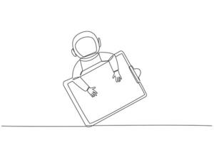 Single continuous line drawing young energetic astronaut hugging clipboard. Keep records of what has been done during the expedition. And do a check. Galaxy cosmic. One line design vector illustration