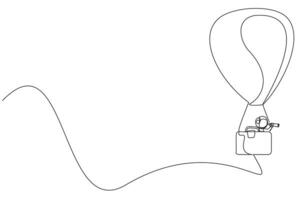 soltero uno línea dibujo joven energético astronauta utilizando monóculo, volador con caliente aire globo con un pasajero caja tiene forma maletín. cósmico profundo espacio. continuo línea diseño gráfico ilustración vector