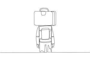 Single continuous line drawing young astronaut with briefcase instead of head, stand facing forward. Always think about expedition to moon surface. Galaxy space. One line design vector illustration