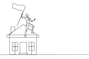 Single continuous line drawing of robotic artificial intelligence standing on miniature house holding fluttering flag. Future technology robot development concept. One line design vector illustration