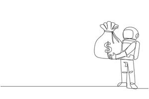 Single one line drawing young energetic astronaut lift up big money bag. Security deposit received for the consequences of going on an expedition. Cosmic. Continuous line design graphic illustration vector