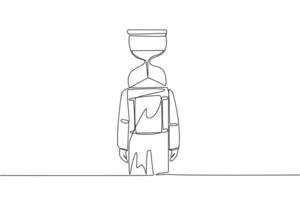 Continuous one line drawing young astronaut with hourglass instead of head, stand facing forward. Helps show the time spent on tracing on the moon surface. Single line draw design vector illustration