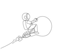 Continuous one line drawing young energetic astronaut ride on lightbulb that looks like a rocket. Need a brilliant idea for expedition to the moon surface. Single line draw design vector illustration