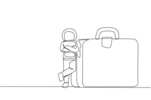 Continuous one line drawing young astronaut lean on big briefcase. Preparing for a long and distant journey to embark on an expedition on the moon surface. Single line draw design vector illustration