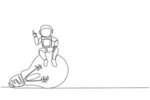 Continuous one line drawing young energetic astronaut sitting on big lightbulb raise one hand. Gestures  as having clever ideas about moon expeditions. Single line draw design vector illustration