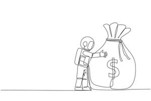 Single continuous line drawing young energetic astronaut hugging big money bag. Got very big profits from expeditionary travel into space. Cosmic galaxy deep space. One line design vector illustration