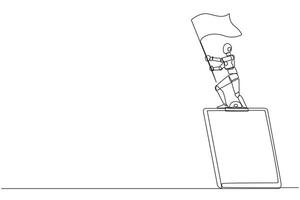 soltero uno línea dibujo de robótico artificial inteligencia en pie en gigante portapapeles participación revoloteando bandera. futuro tecnología robot desarrollo concepto. continuo línea diseño gráfico ilustración vector