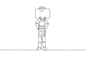 Single one line drawing young astronaut lift up the briefcase above his head. Give the code because it's ready to go into space. Cosmic galaxy deep space. Continuous line design graphic illustration vector